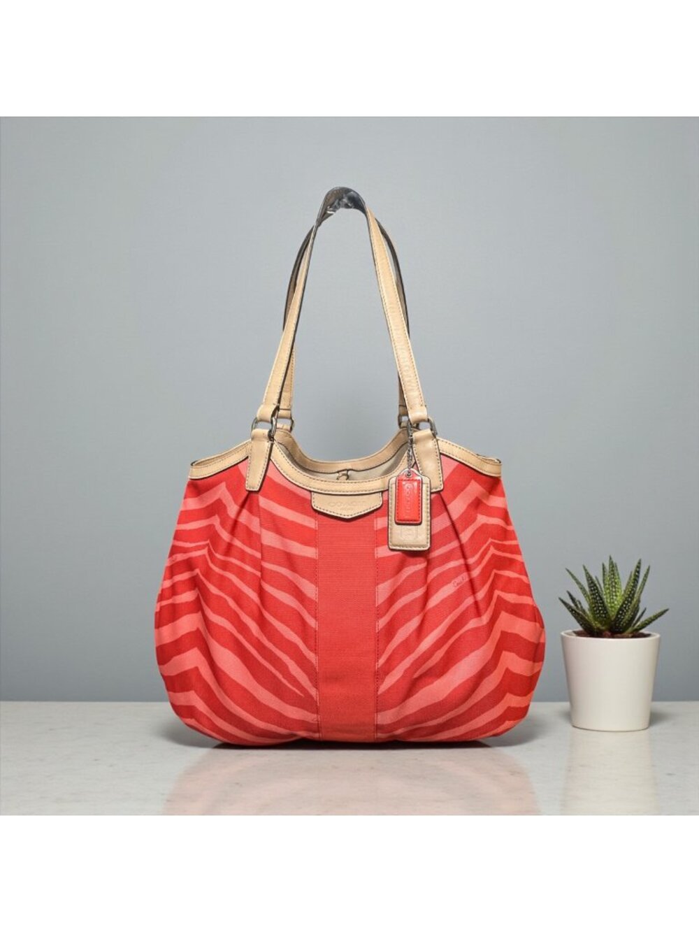 Coach Red Striped Tote with Tan Trim- Perfect for summer!